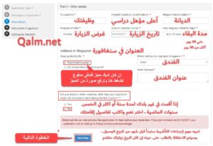 معلومات العمل وسبب ومدة الزيارة لسنغافورة